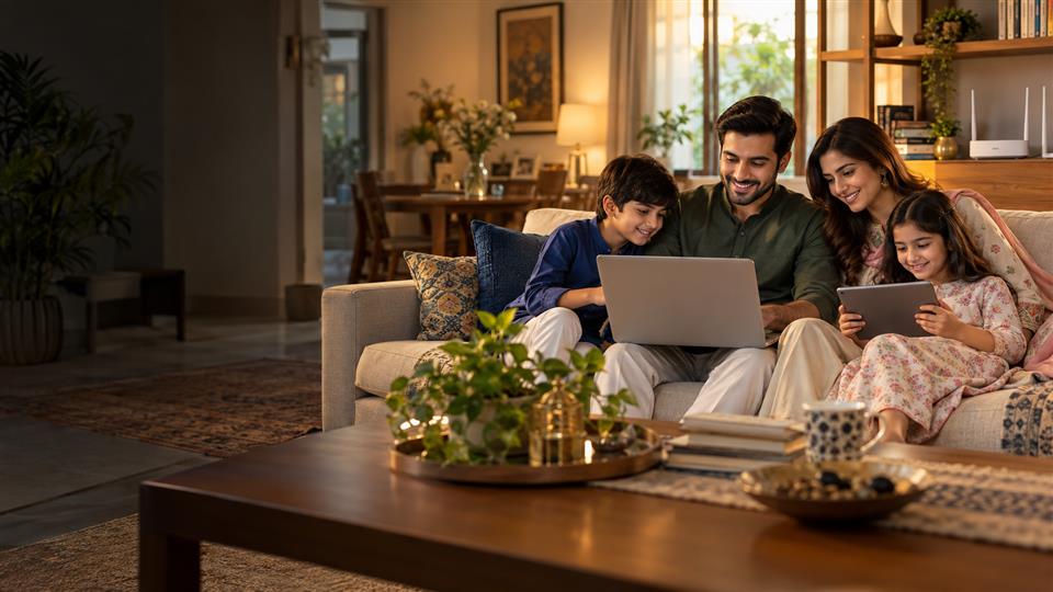 Pakistani family using home Wi-Fi